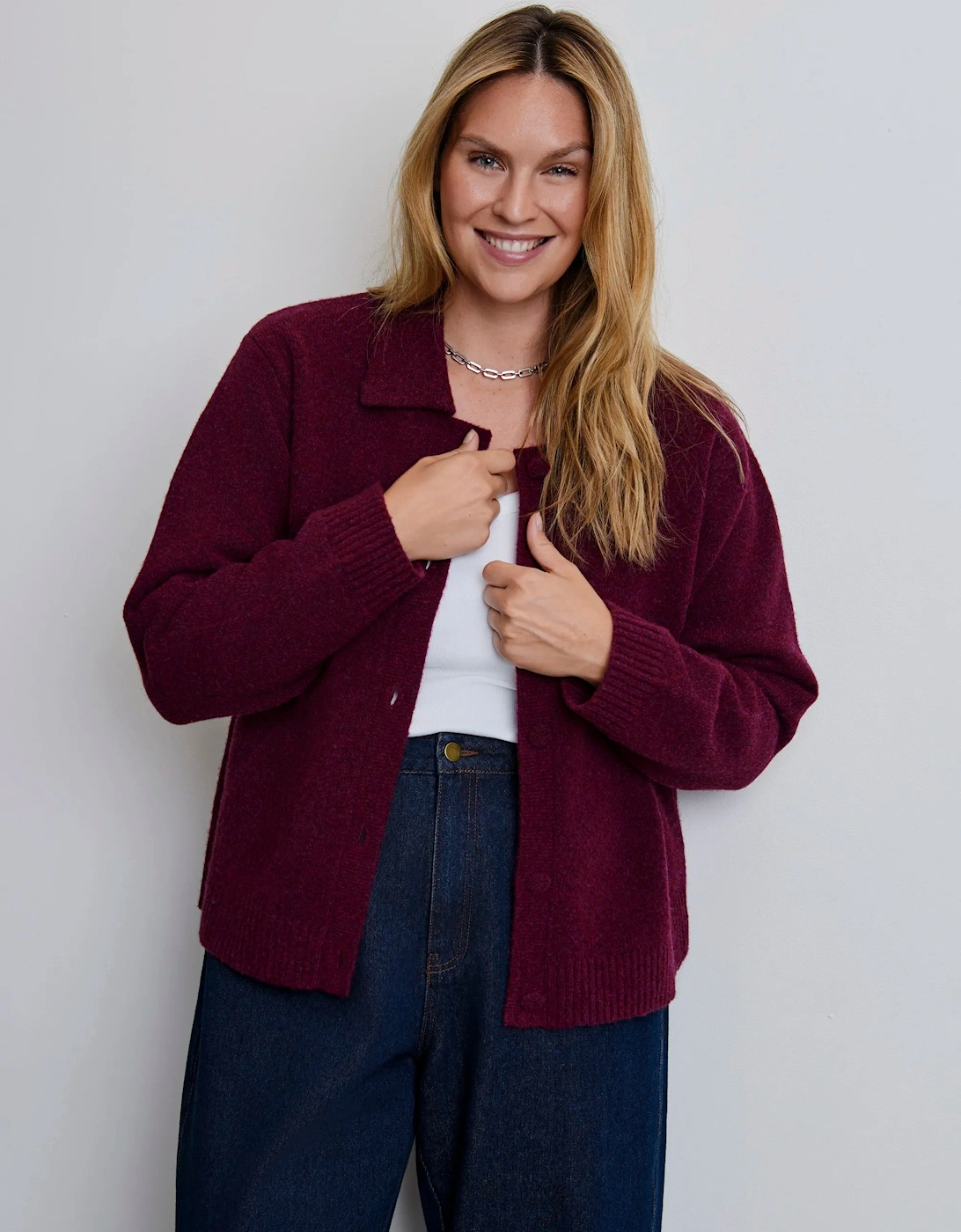 Burgundy Wool Blend Polo Collar Cardigan