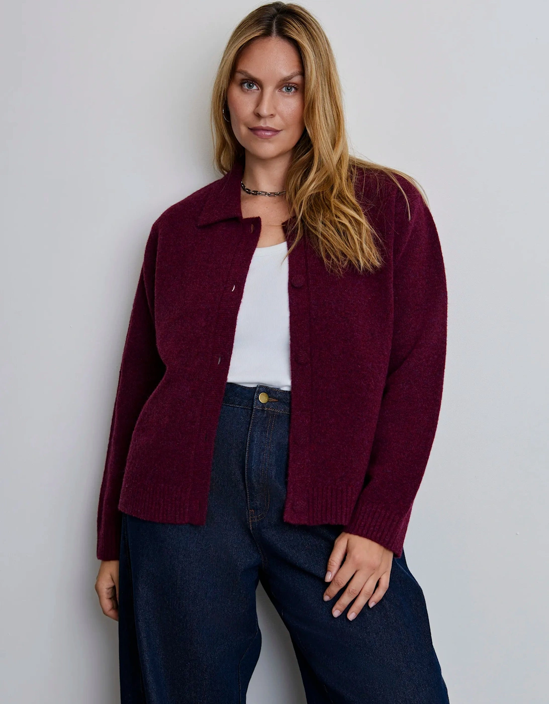 Burgundy Wool Blend Polo Collar Cardigan