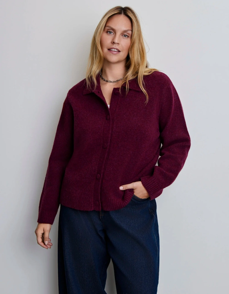 Burgundy Wool Blend Polo Collar Cardigan