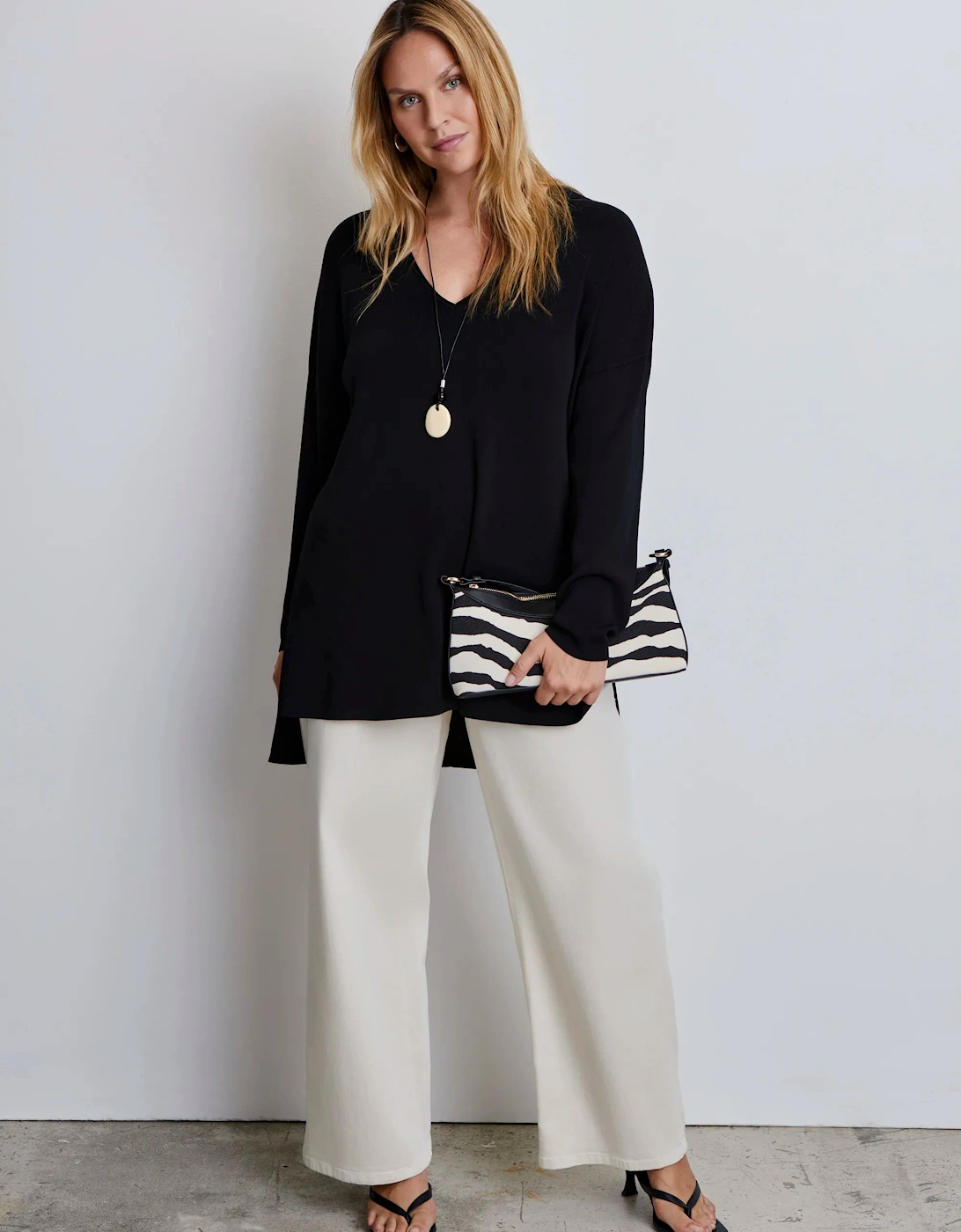 Black Knitted V-Neck Longline Tunic Jumper