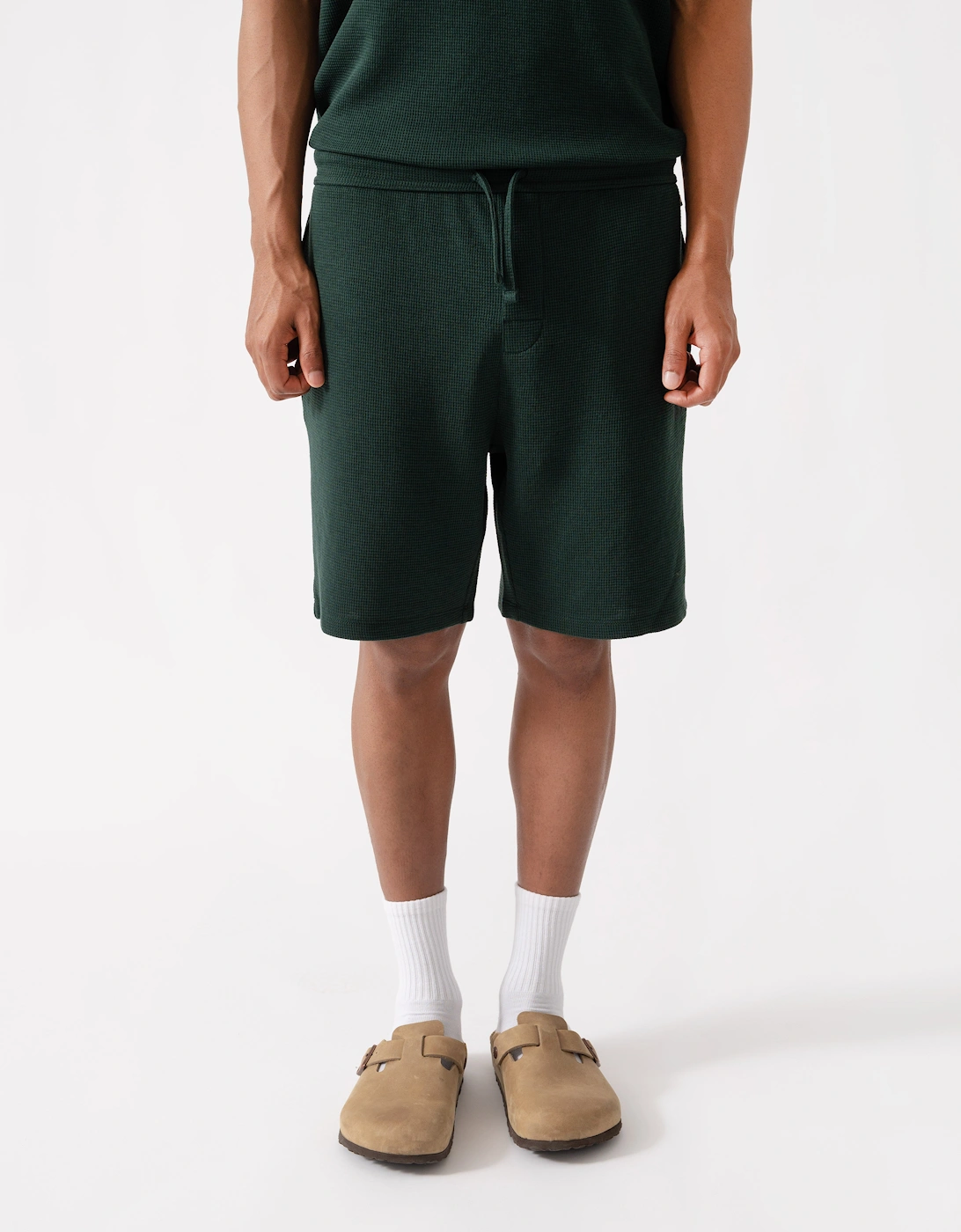 BOSS Orange Waffle Mens Cotton Blend Waffle Structure Pyjama Shorts with Embroidered Logo - Dark Green 308