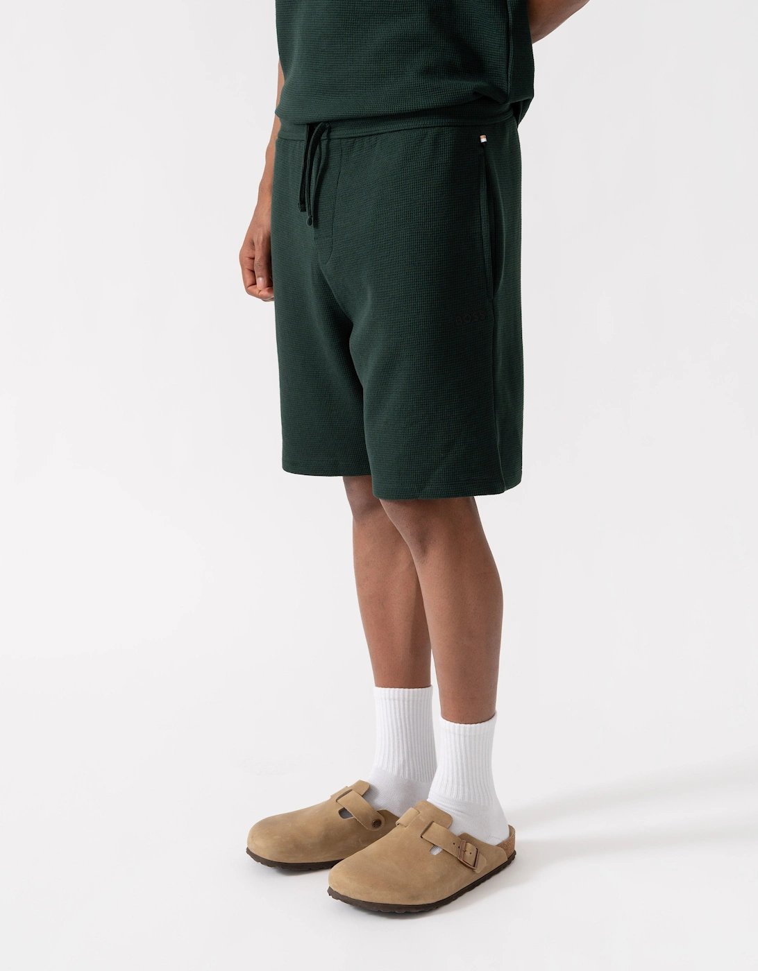 BOSS Orange Waffle Mens Cotton Blend Waffle Structure Pyjama Shorts with Embroidered Logo - Dark Green 308