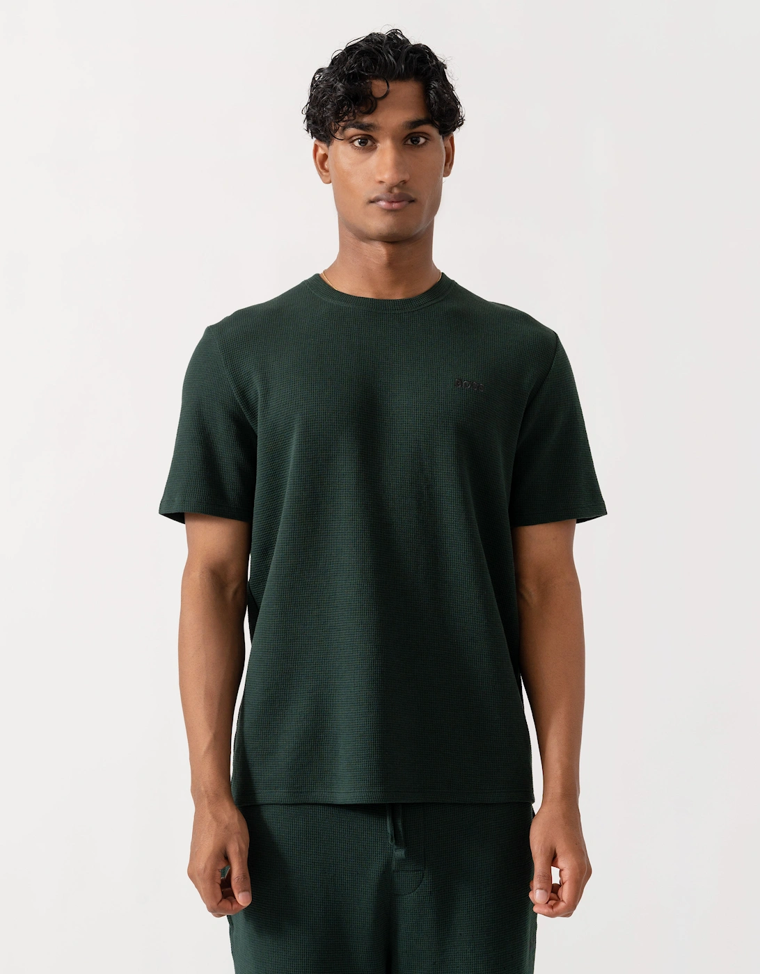 Boss Men's BOSS Orange Waffle Mens Cotton-Blend Pyjama T-Shirt with Embroidered Logo - Dark Green 308 - Brown