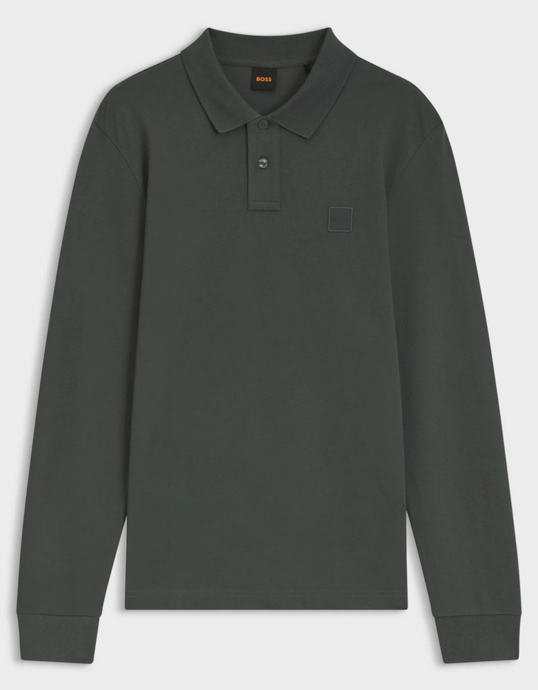 BOSS Orange Passerby Mens Long Sleeve Stretch-Cotton Polo Shirt with Logo Patch - Open Green 377