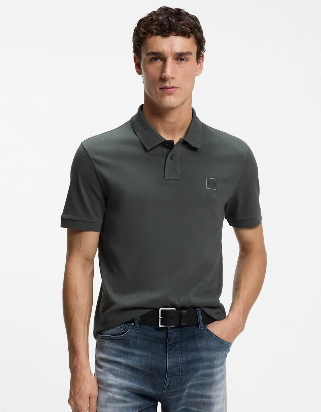 BOSS Orange Passenger Mens Stretch-Cotton Slim-Fit Polo Shirt with Logo Patch - Open Green 377