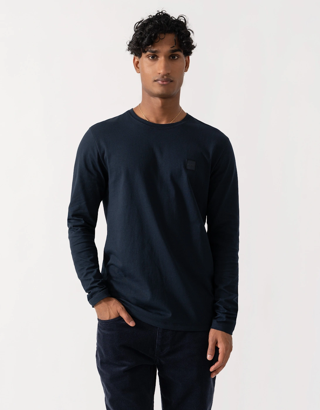 BOSS Orange Tacks Mens Long Sleeve T-Shirt with logo Patch - Dark Blue 404