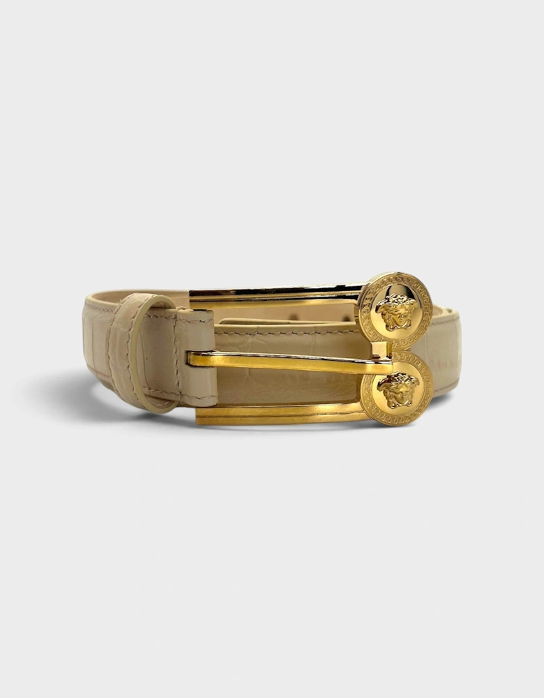 Double Medusa Belt Embossed Croc Belt Beige