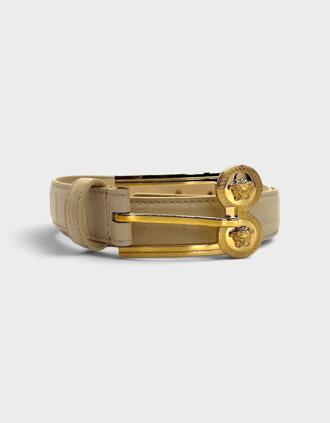 Double Medusa Belt Embossed Croc Belt Beige