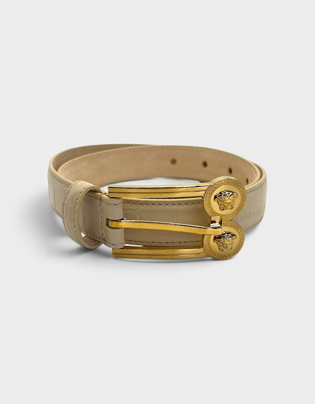 Double Medusa Belt Embossed Croc Belt Beige