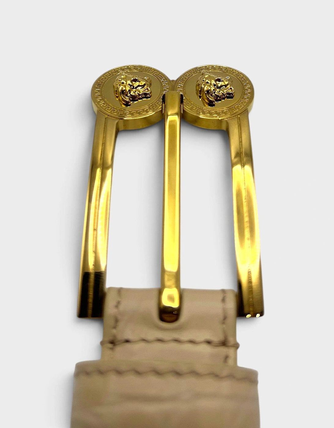 Double Medusa Belt Embossed Croc Belt Beige