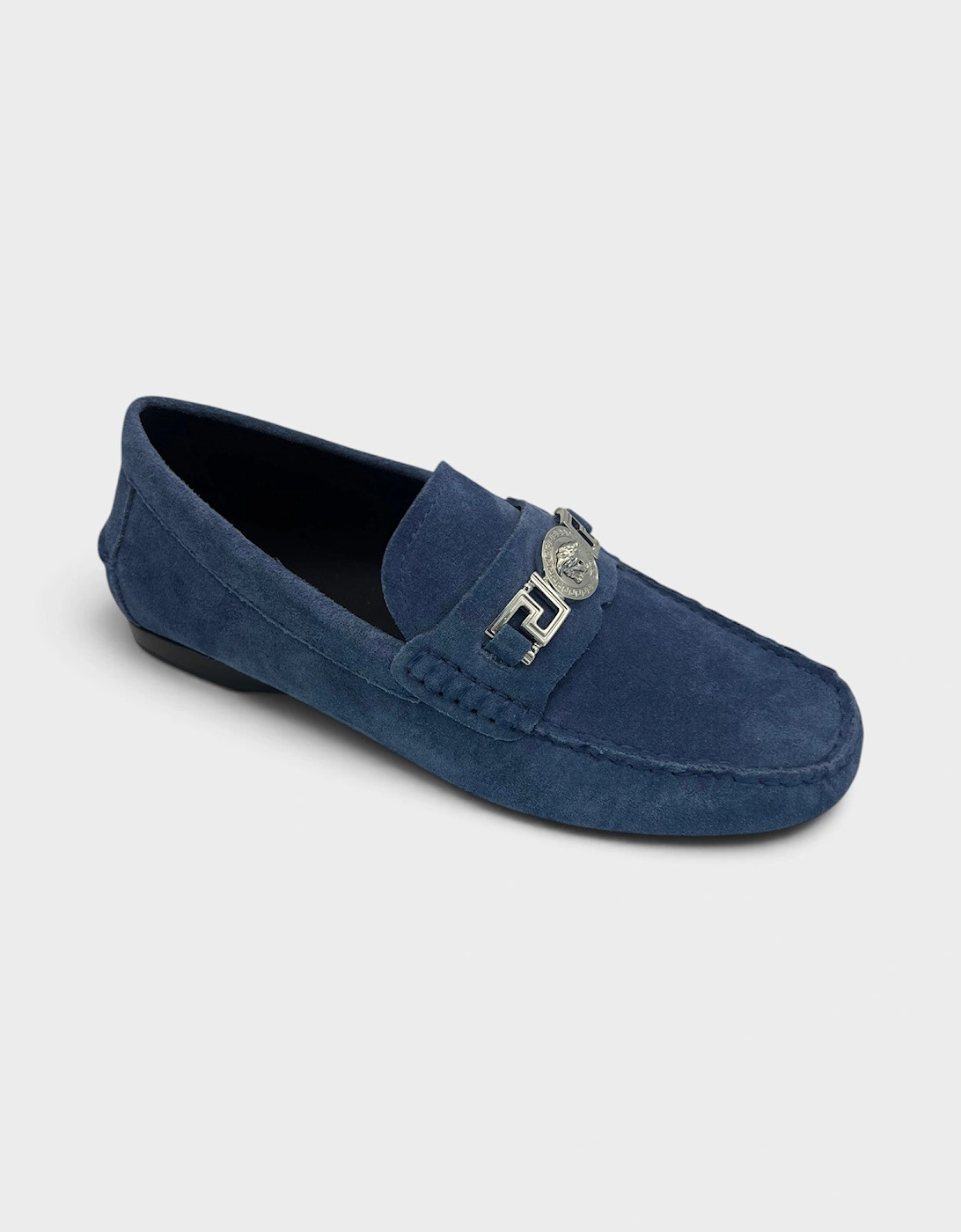 Medusa Greca Driver Suede Loafer Dark Stone Navy