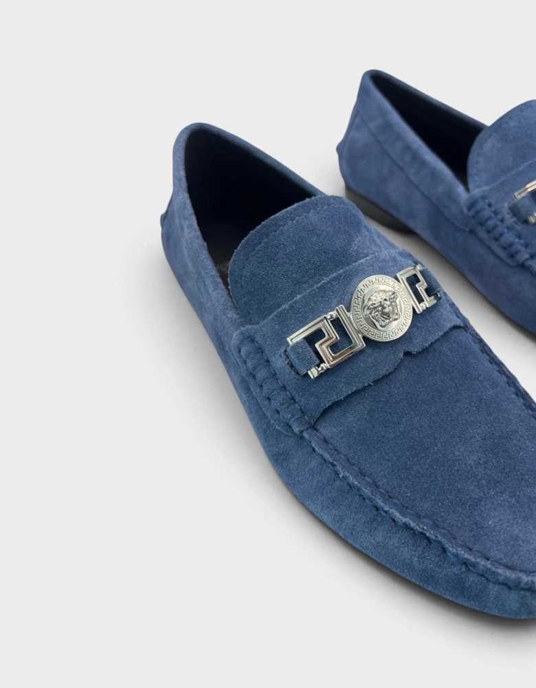 Medusa Greca Driver Suede Loafer Dark Stone Navy