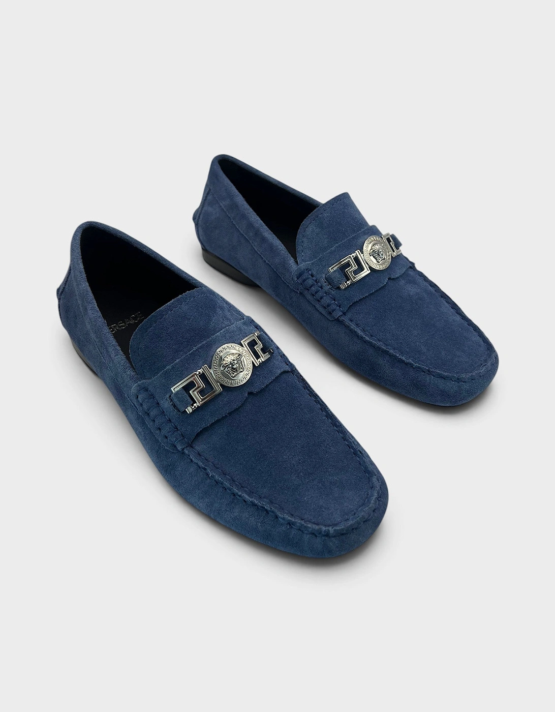 Medusa Greca Driver Suede Loafer Dark Stone Navy