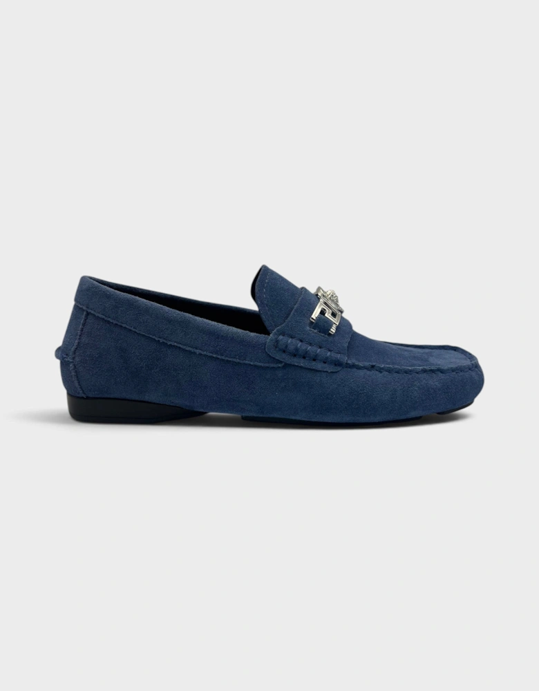 Medusa Greca Driver Suede Loafer Dark Stone Navy