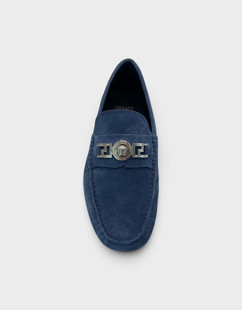 Medusa Greca Driver Suede Loafer Dark Stone Navy