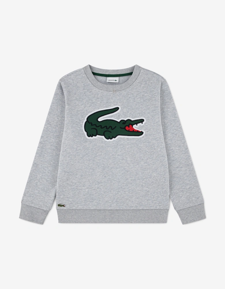 Lacoste Boys Pique Applique Fleece Crew Sweatshirt in Grey
