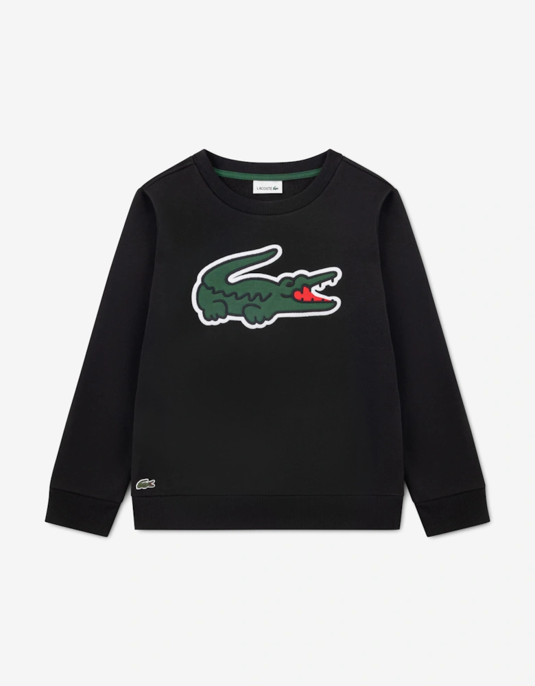 Lacoste Boys Pique Applique Fleece Crew Sweatshirt in Black