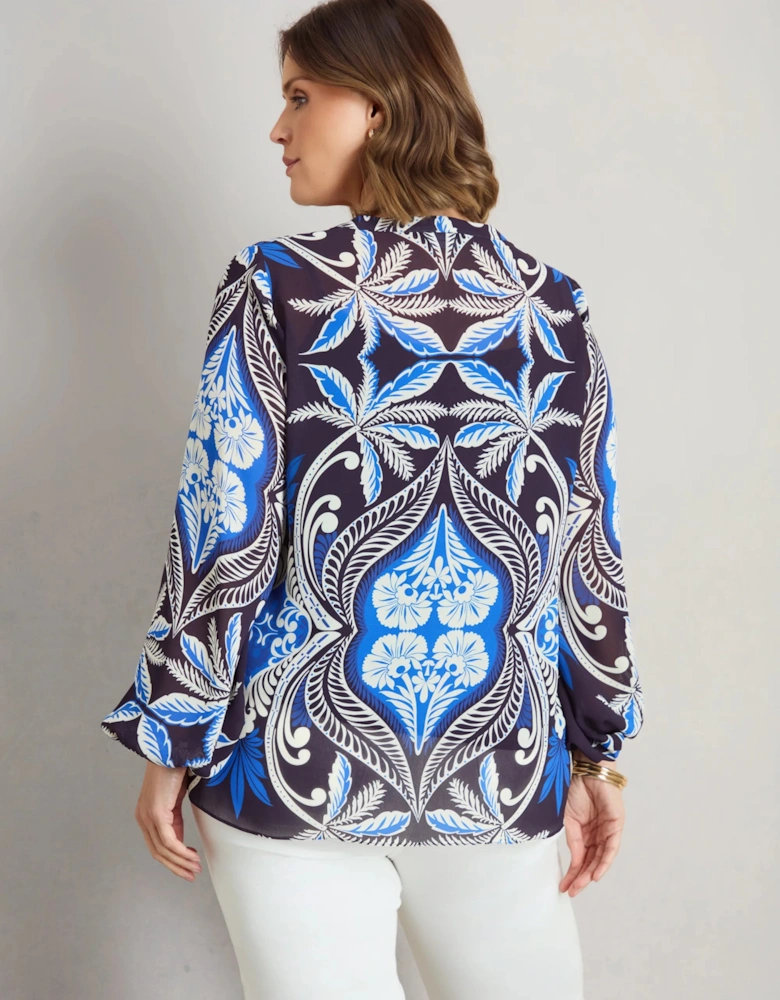 Blue Placement Print Nehru Collar Blouson Long Sleeve Blouse