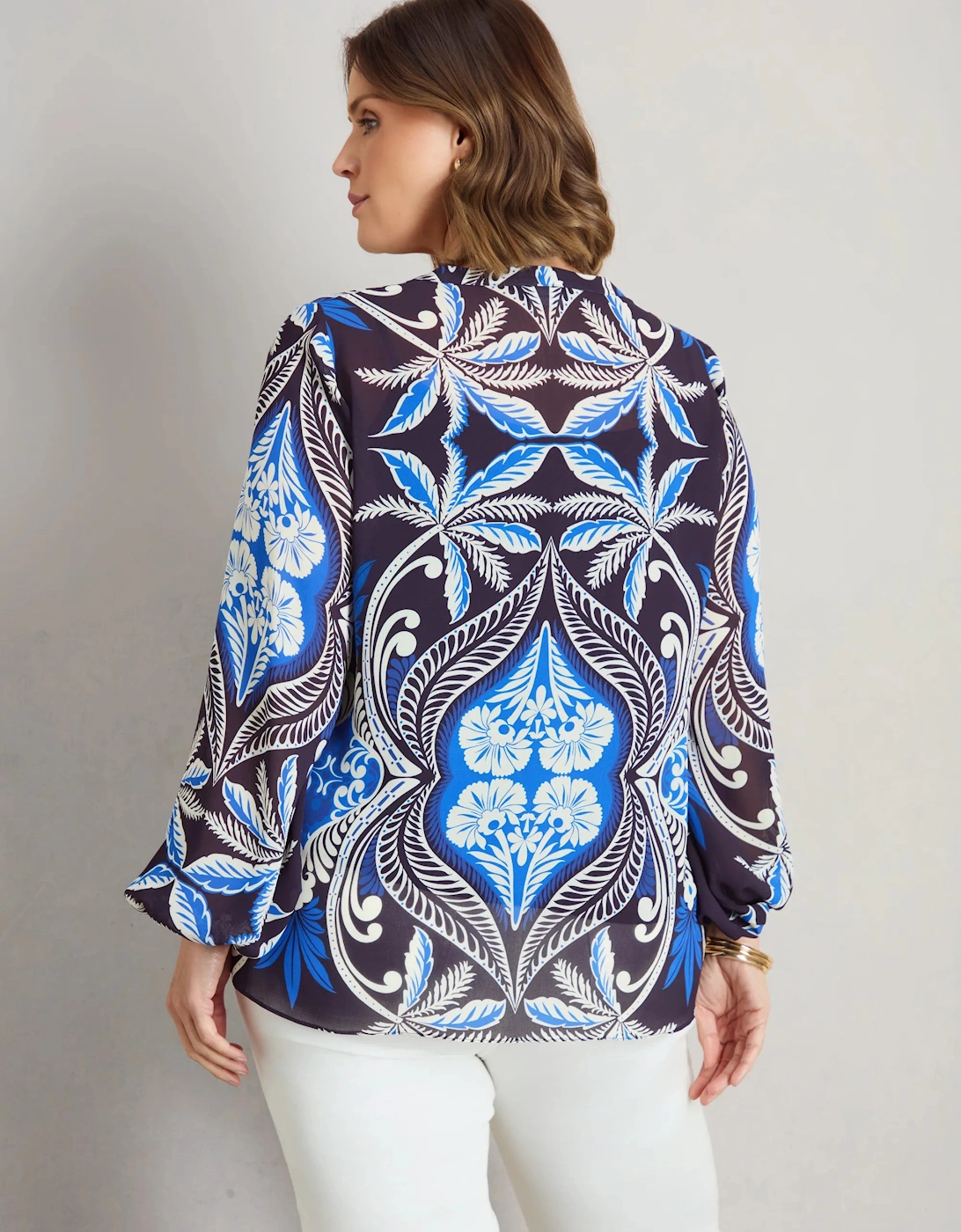Blue Placement Print Nehru Collar Blouson Long Sleeve Blouse