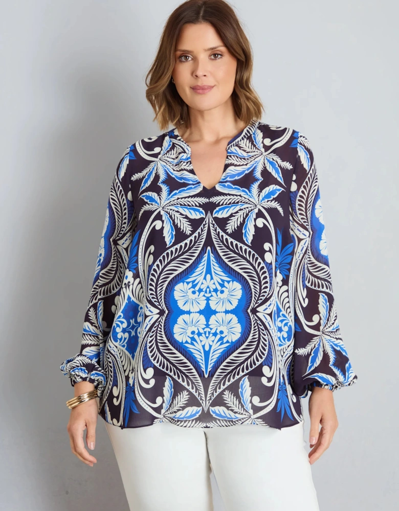 Blue Placement Print Nehru Collar Blouson Long Sleeve Blouse