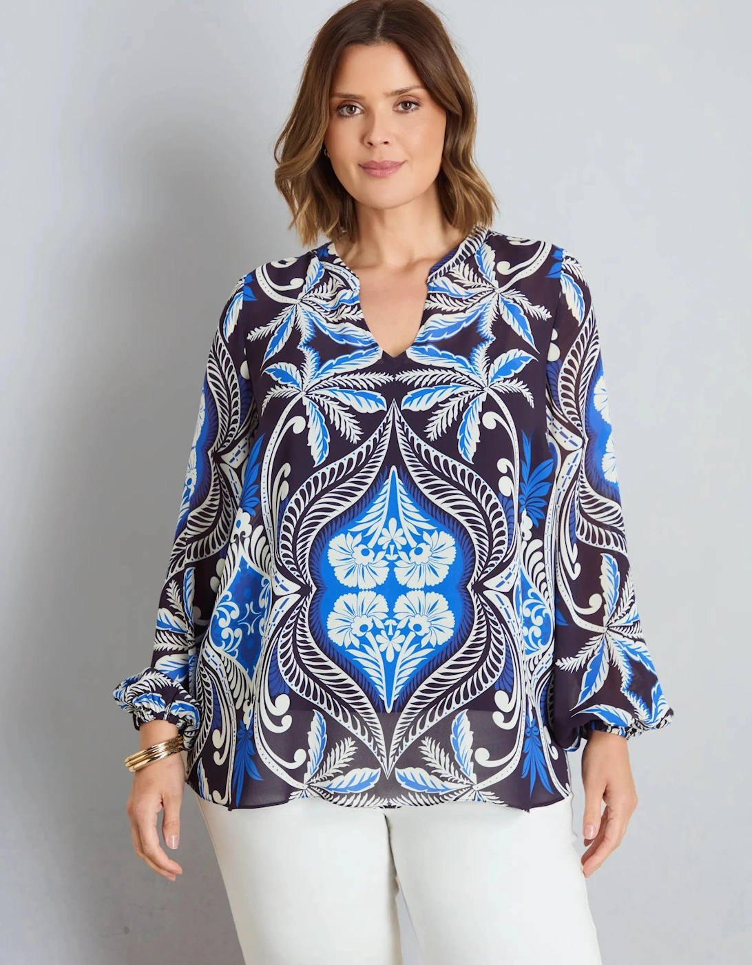 Blue Placement Print Nehru Collar Blouson Long Sleeve Blouse