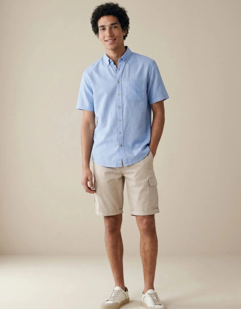 Solid Slub Button Down Short Sleeved Shirt New Breeze