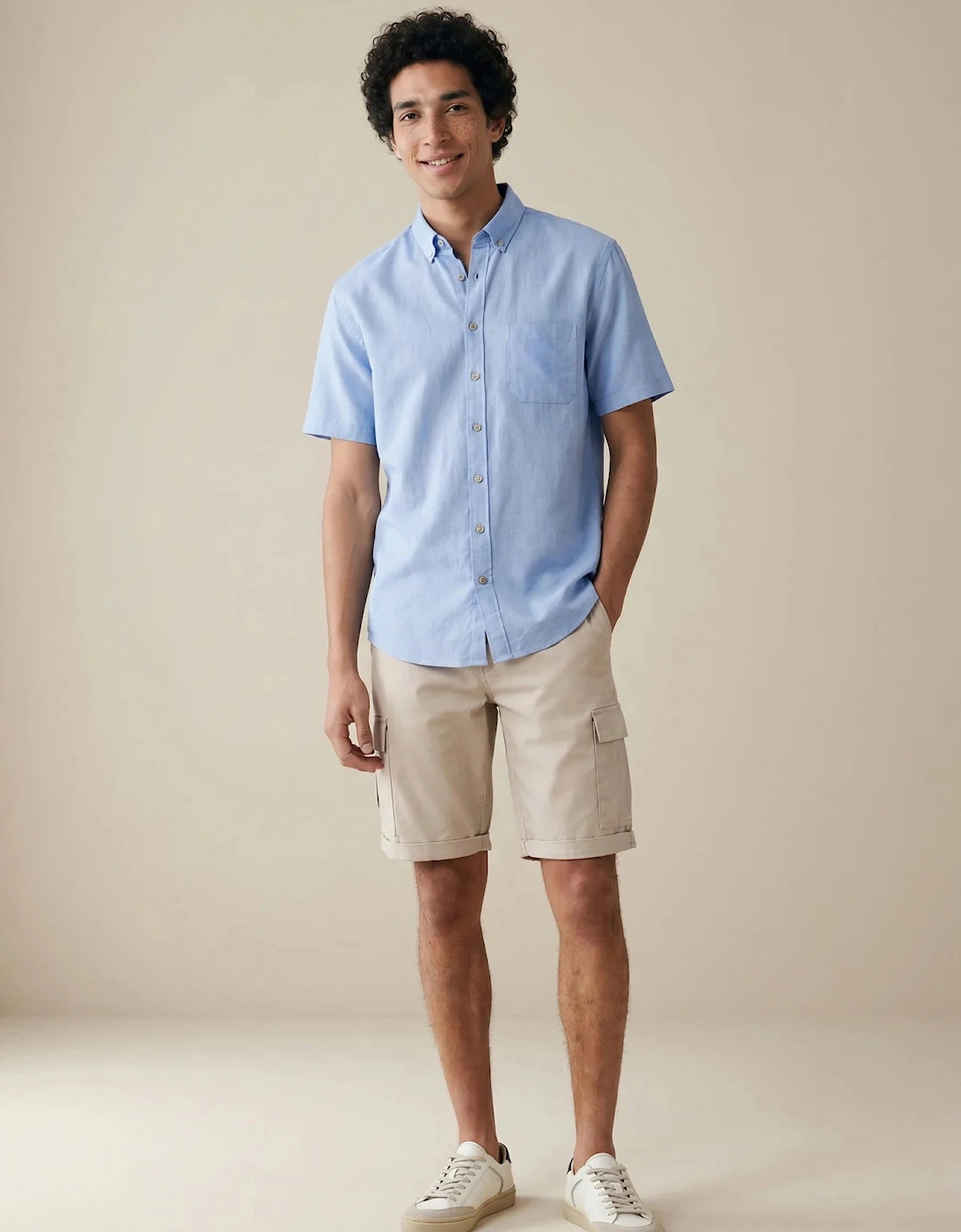 Solid Slub Button Down Short Sleeved Shirt New Breeze