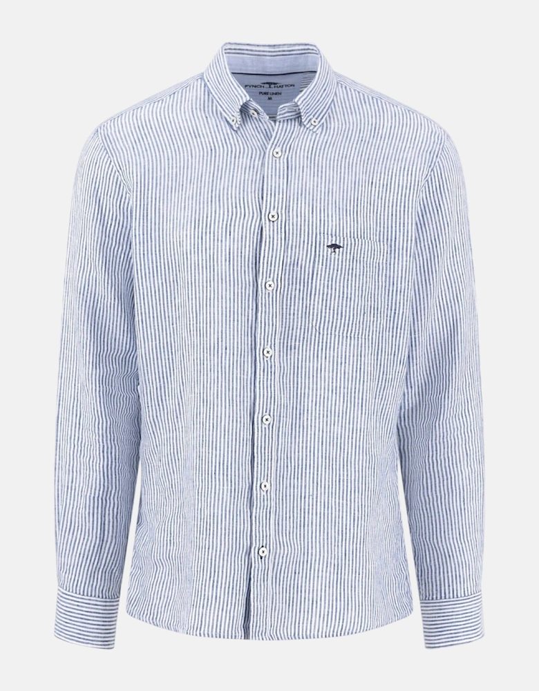 Bengal Stripe Pure Linen Button Down Shirt Harbour Blue