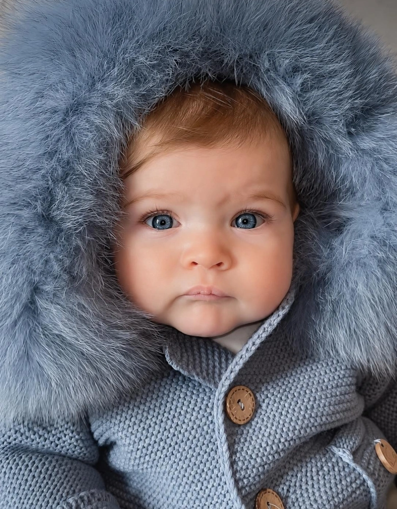 Bruma Blue Cable Knit Real Fur Trim Pramsuit
