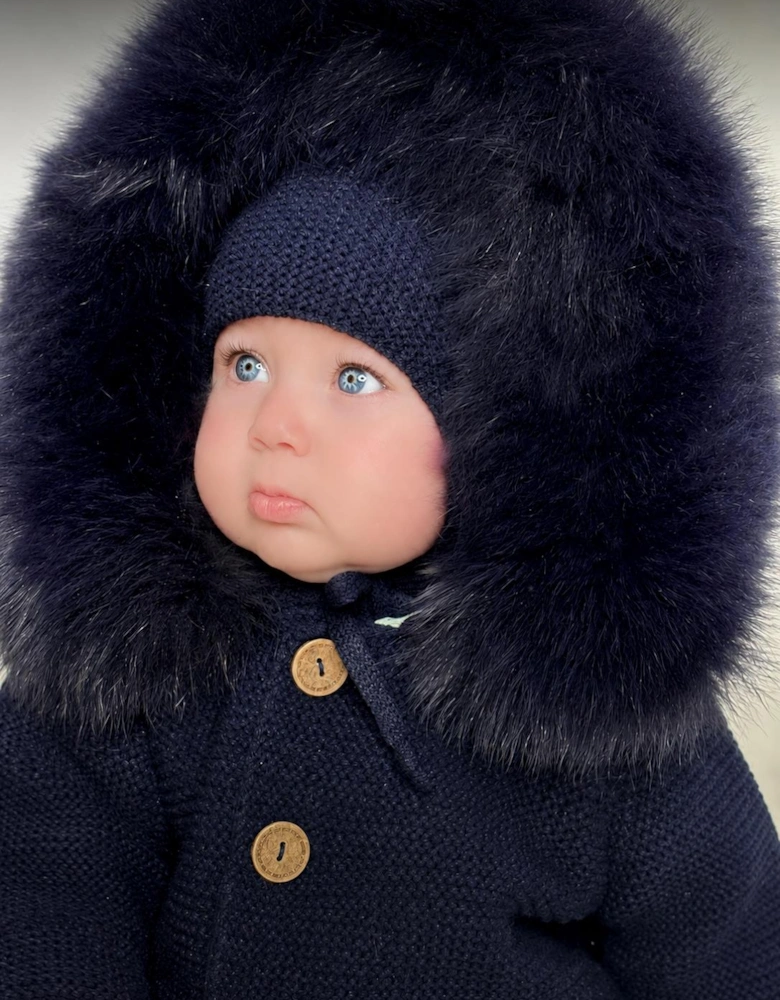 Navy Knit Real Fur Tie Hat