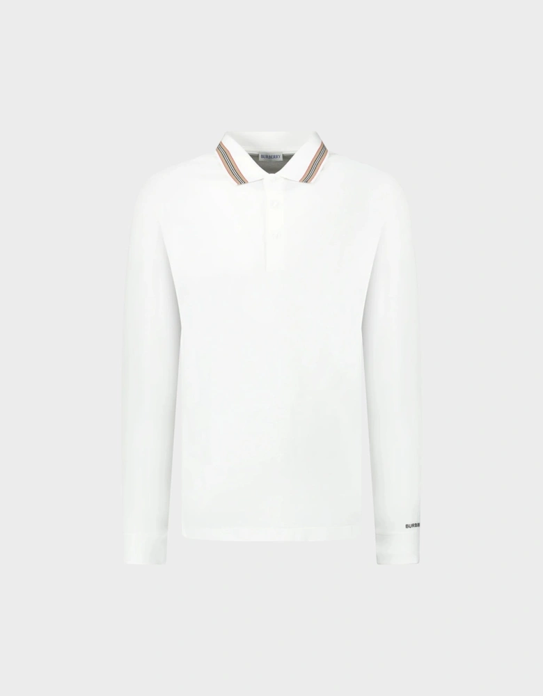 Hartford Stripe Checked Long Sleeve Polo White