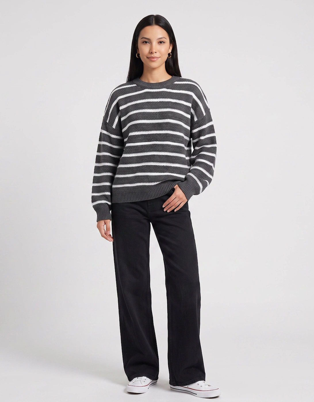 Grey Stripe Chunky Knit Oversized Jumper