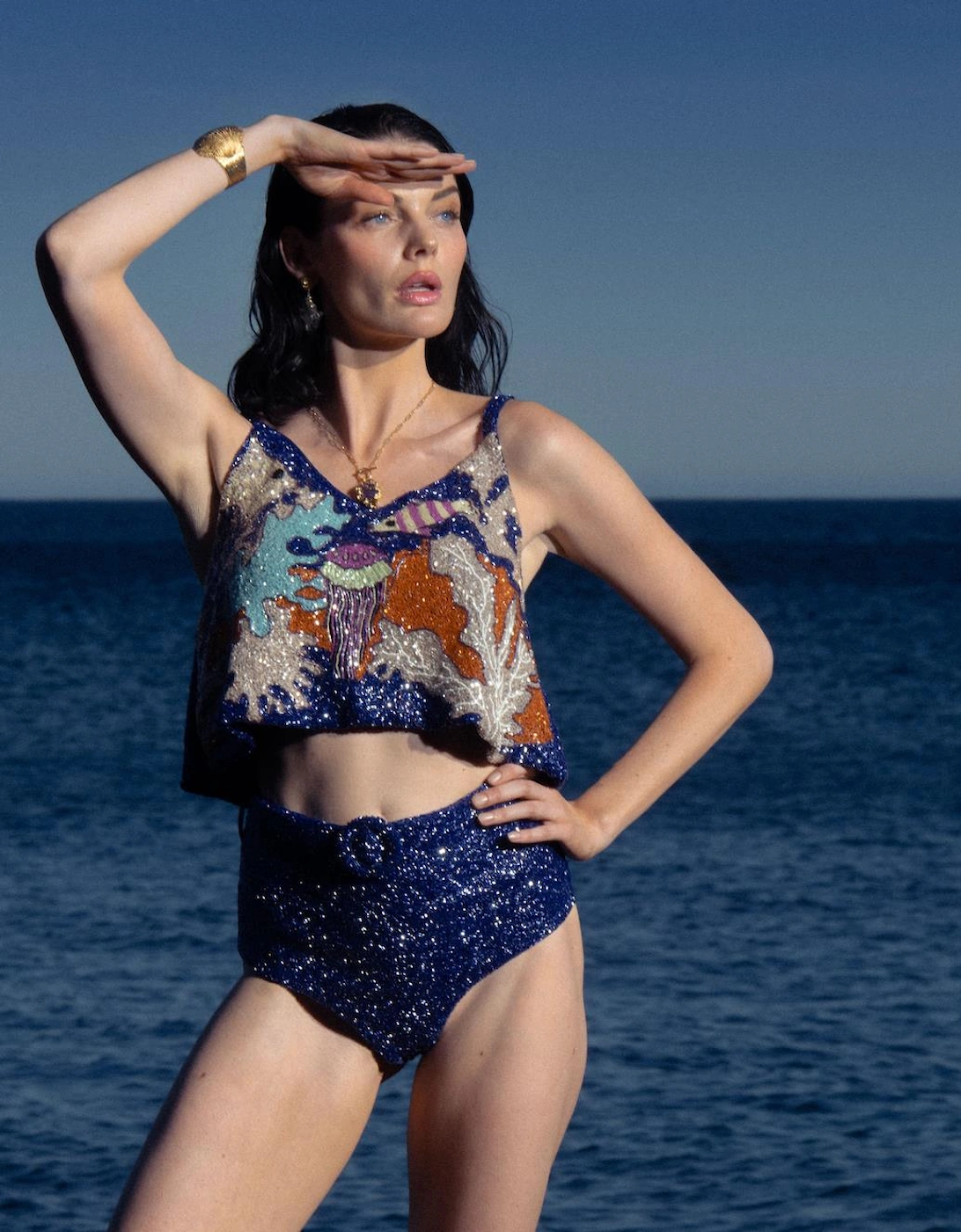 Fish Hand Beaded Top Navy in Stock