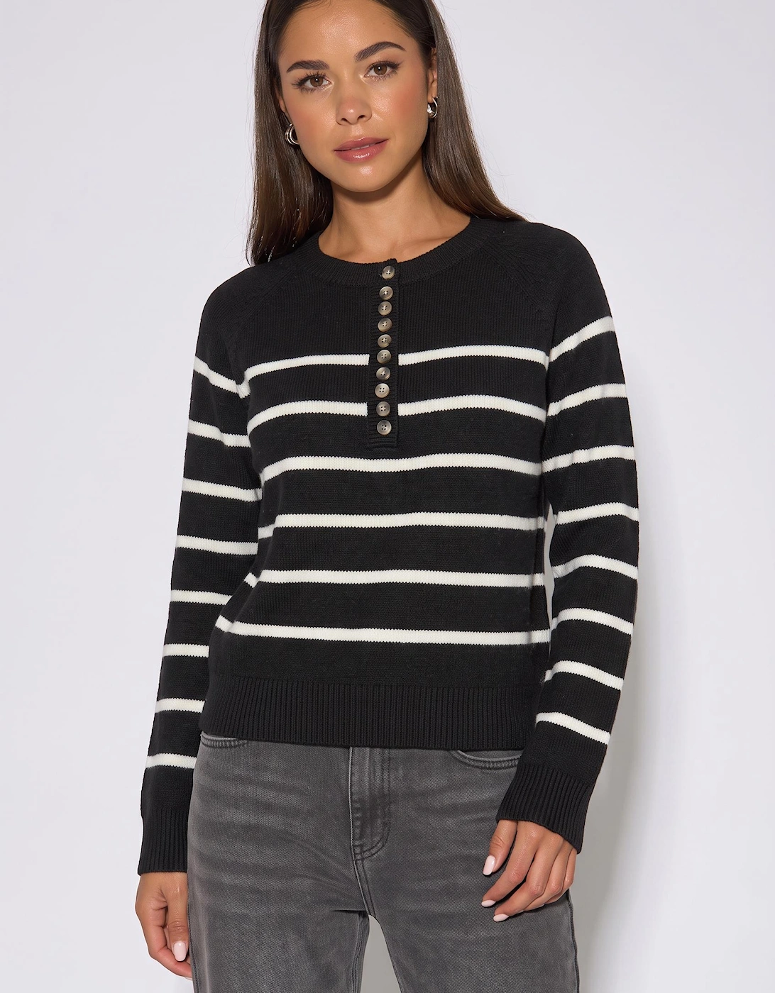 Gini London Gini London Women's Black Recycle Mix Stripe Button Up Loose Fit Knit Jumper