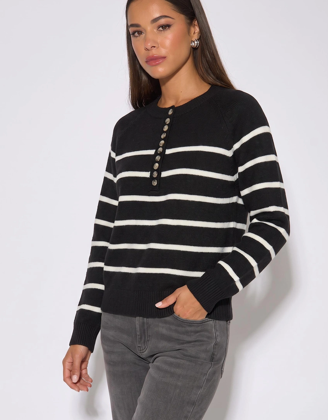 Black Recycle Mix Stripe Button Up Loose Fit Knit Jumper