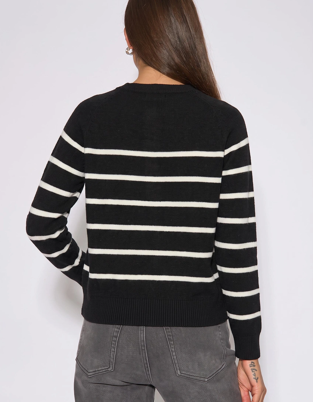 Black Recycle Mix Stripe Button Up Loose Fit Knit Jumper
