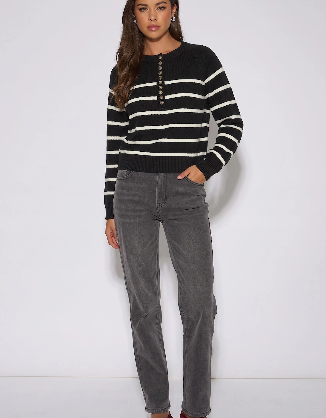 Black Recycle Mix Stripe Button Up Loose Fit Knit Jumper