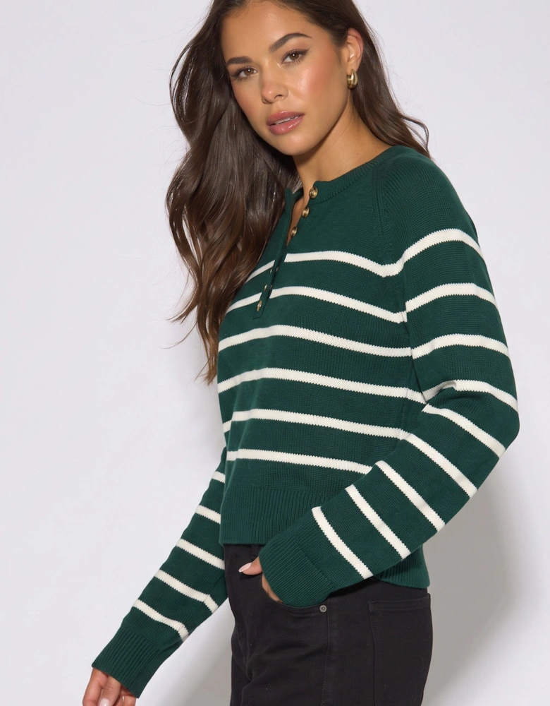 Green Recycle Mix Stripe Button Up Loose Fit Knit Jumper