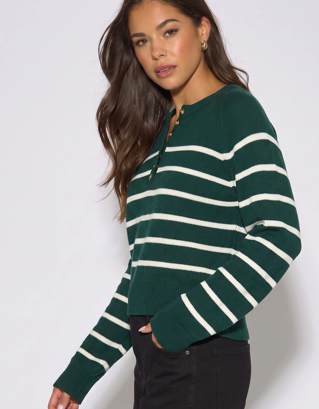 Green Recycle Mix Stripe Button Up Loose Fit Knit Jumper