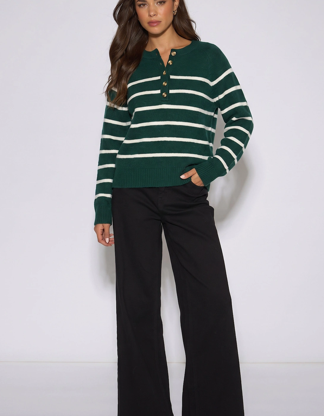 Green Recycle Mix Stripe Button Up Loose Fit Knit Jumper