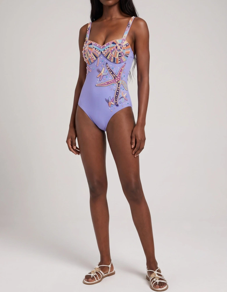 Selene Sea Shell Hand-Beaded Swimsuit Purple