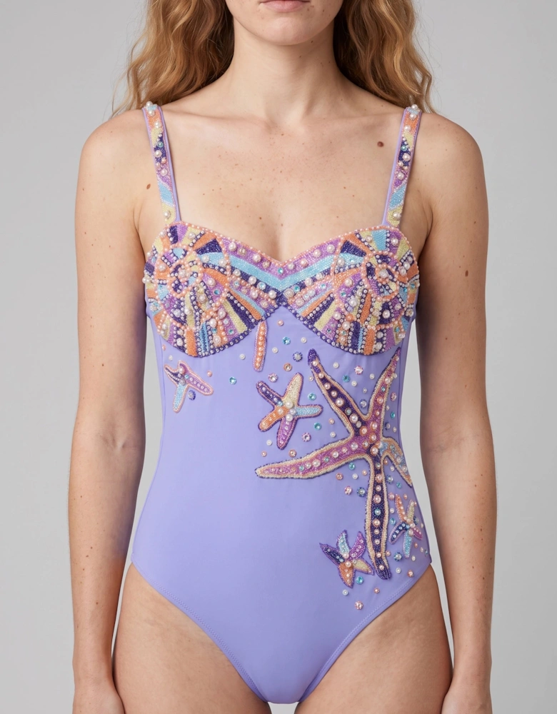 Selene Sea Shell Hand-Beaded Swimsuit Purple