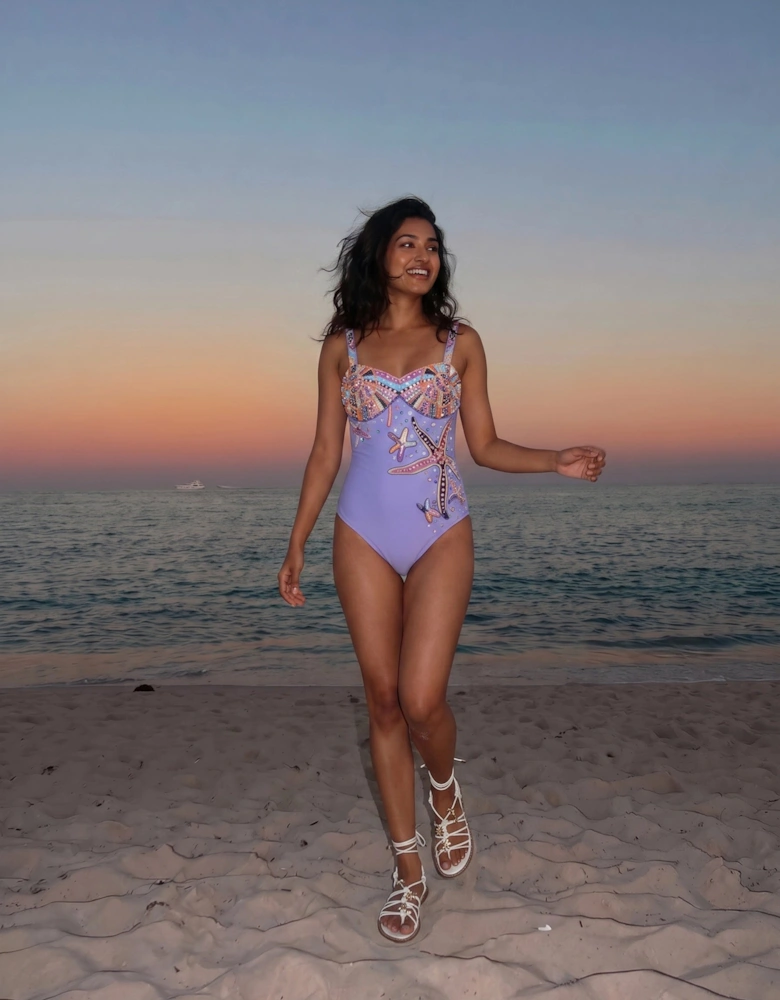 Selene Sea Shell Hand-Beaded Swimsuit Purple