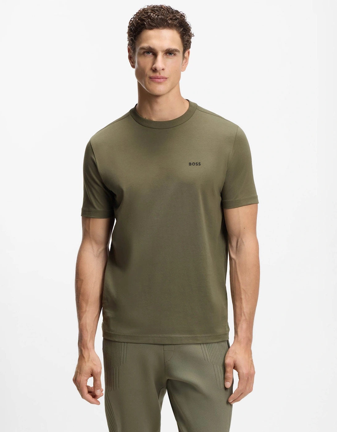 BOSS Green Tee Mens Stretch Cotton T-Shirt with Contrast Logo - Olive 257