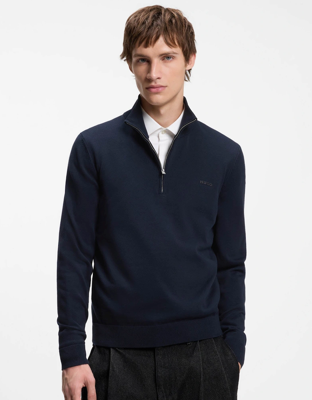 HUGO San Quintus-C2 Mens 1/4 Zip Funnel Neck Jumper - Navy 410