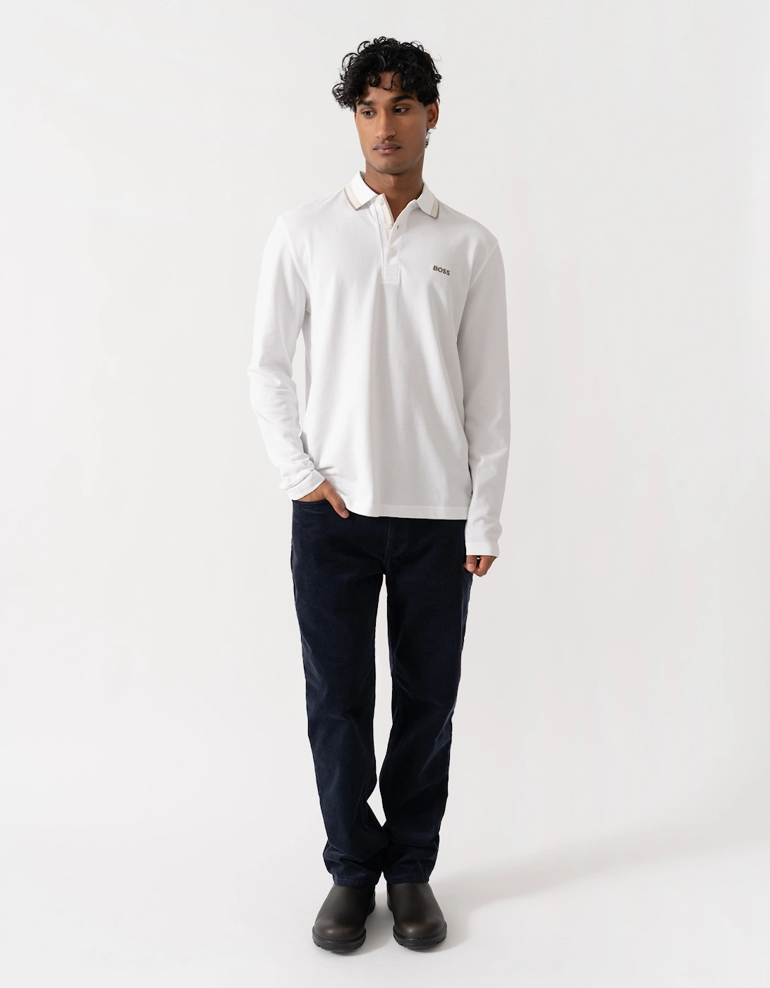 BOSS Green Plisy Mens Long Sleeve Polo Shirt  - Open White 116