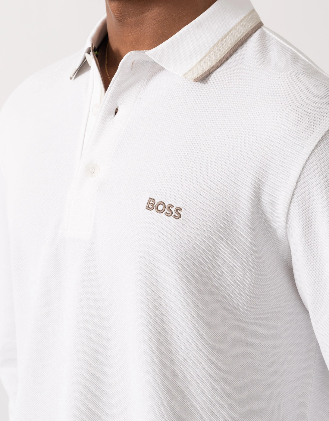 BOSS Green Plisy Mens Long Sleeve Polo Shirt  - Open White 116