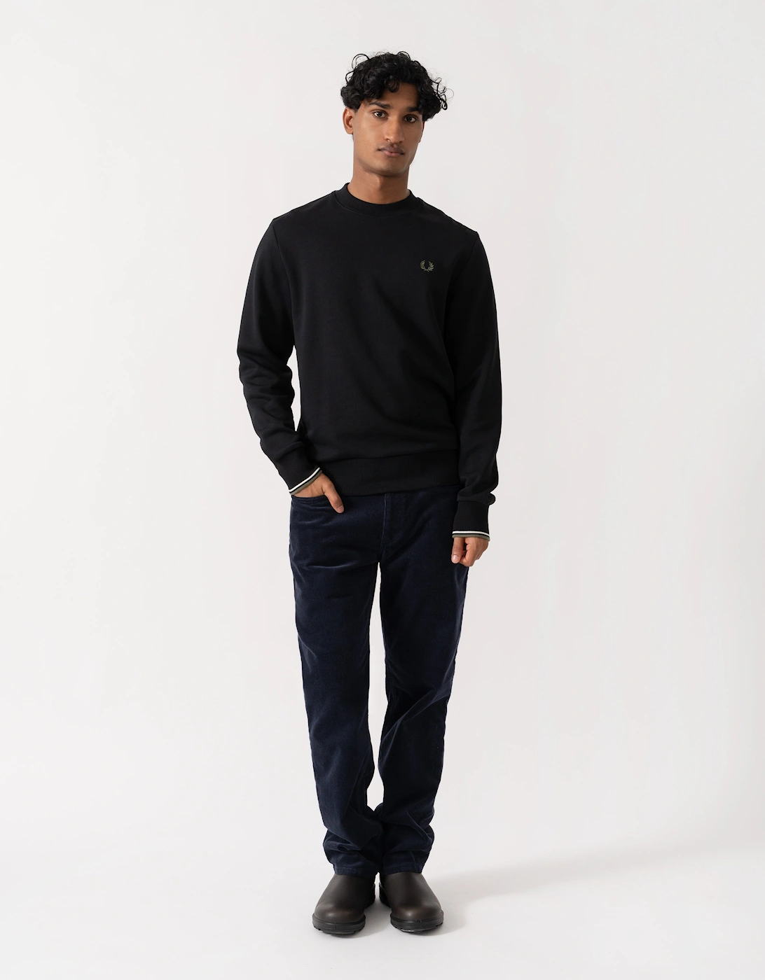Fred Perry Mens Crew Neck Sweatshirt - Black/Ecru/Laurel Wreath Green W54
