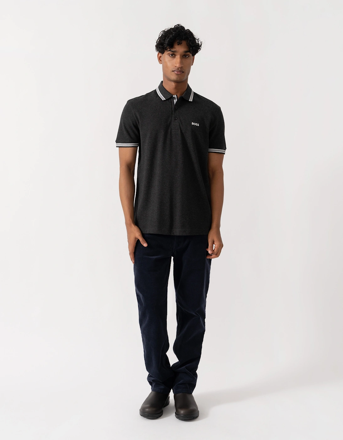 BOSS Green Paddy Mens Cotton-Piqué Polo Shirt with Contrast Logo - Dark Grey 022