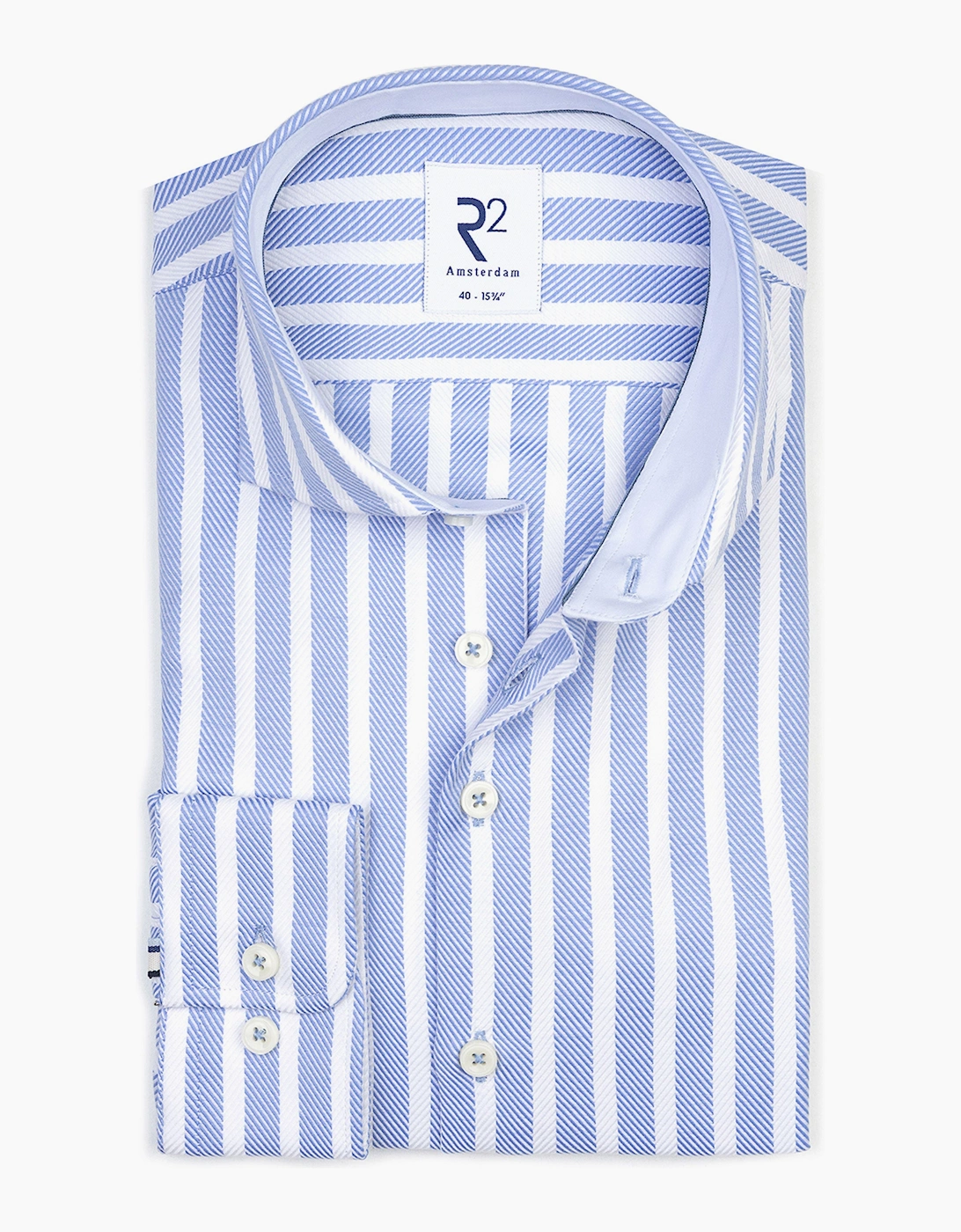 R2 CUT AWAY COLLAR LONG SLEEVED SHIRT BLUE & WHITE STRIPE